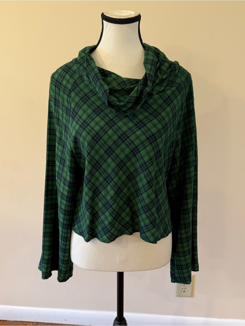 Zara Green Plaid Cowl Neck shirt XS